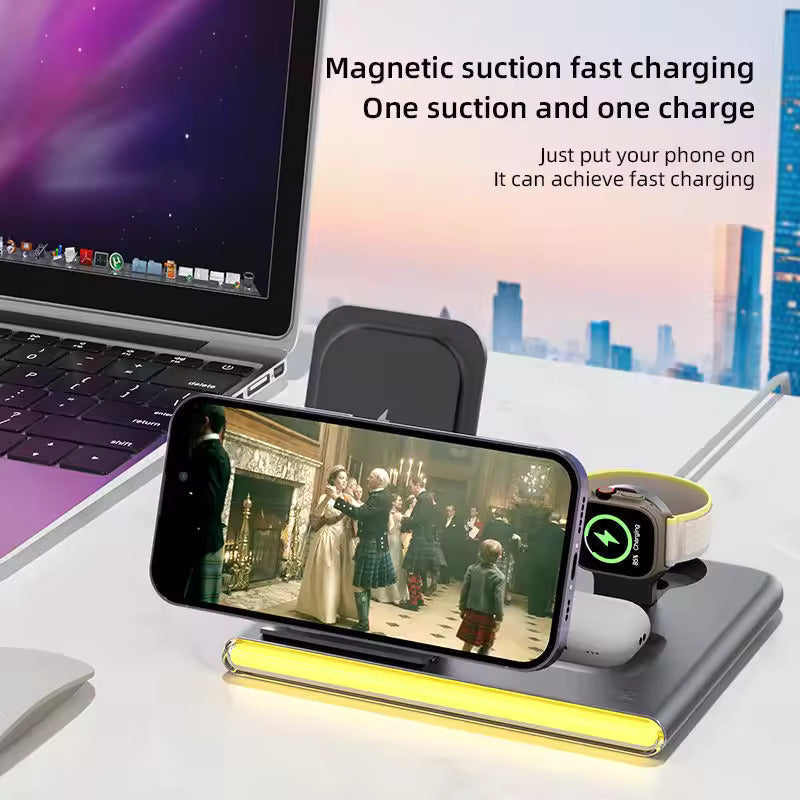 Universal 4-in-1 Foldable Magnetic Wireless Charger Portable 15W Fast Qi Multifunction Chargers with Night Light