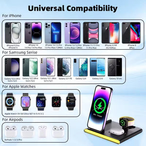 Universal 4-in-1 Foldable Magnetic Wireless Charger Portable 15W Fast Qi Multifunction Chargers with Night Light